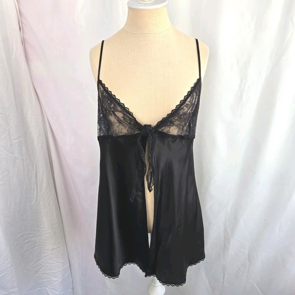 Victoria's Secret Vtg Black Silk Tie Front Babydoll Top Size L Lace Trim Chemise